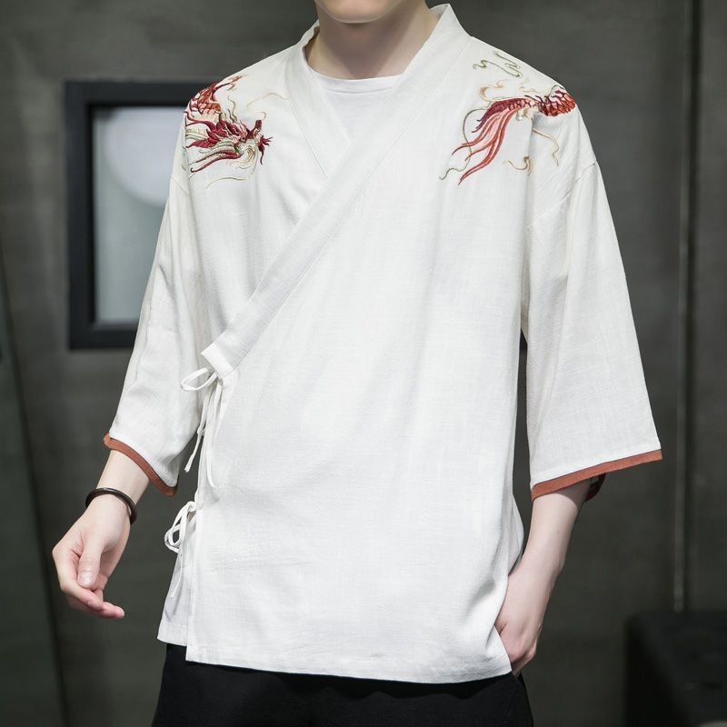 Pria Gaya Cina Musim Panas Pola Naga Bordir Linen Hanfu Gaya Kuno Pria Kasual Longgar Jubah Tang Set