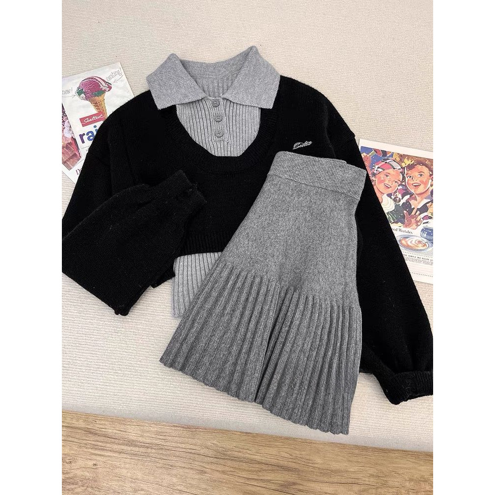 [Cream Winnie]Sweter rajutan pendek desain manis gaya Korea rok rajutan wanita set tiga potong