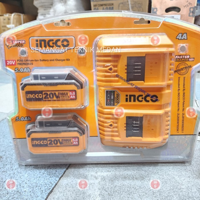 PAKET 2 BATERAI BATTERY 5AH DUAL CHARGER 4AH 20V SET INGCO FBCPK2425