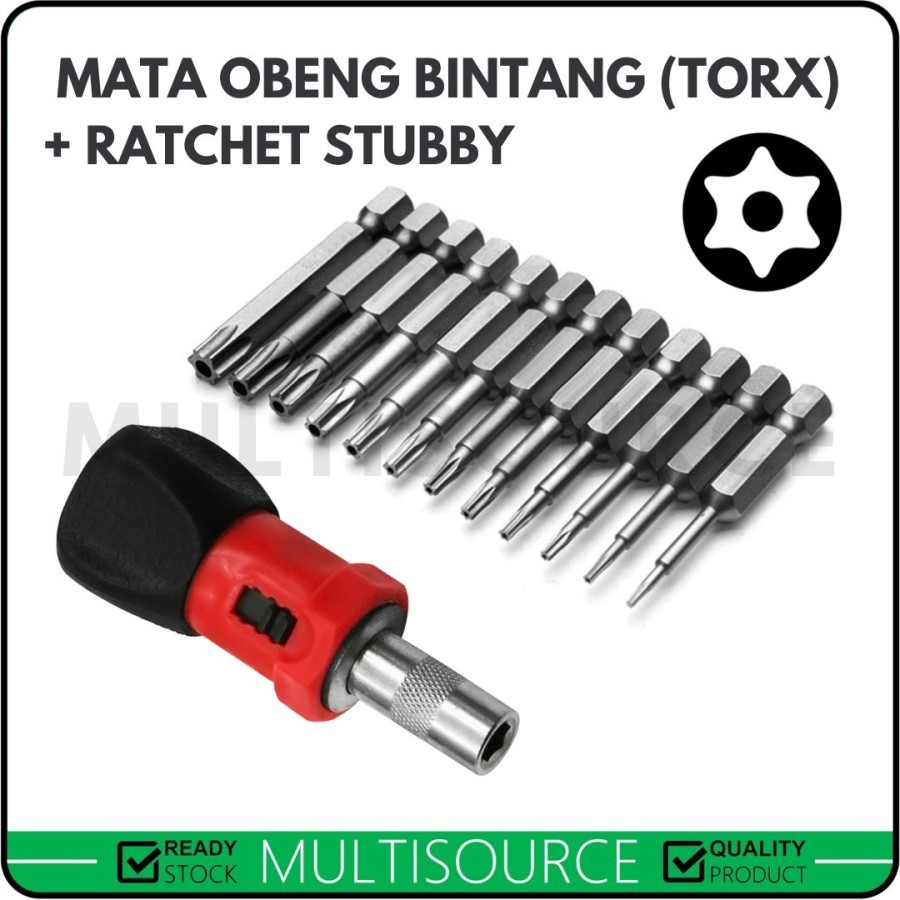 Mata Obeng Bor Kunci Bintang Set 12pcs 50mm + Ratchet Stubby | Magnetic Torx Screwdriver Bits