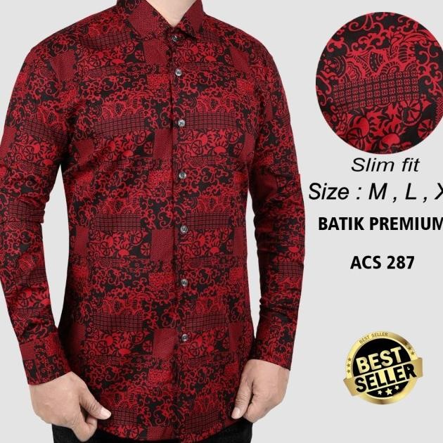 Kemeja Batik Pria Slim Fit / Baju Batik Pria Slim Fit Merah Ac287