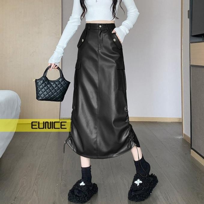 Rok Cargo Serut Kulit Panjang Korean Style LAJ