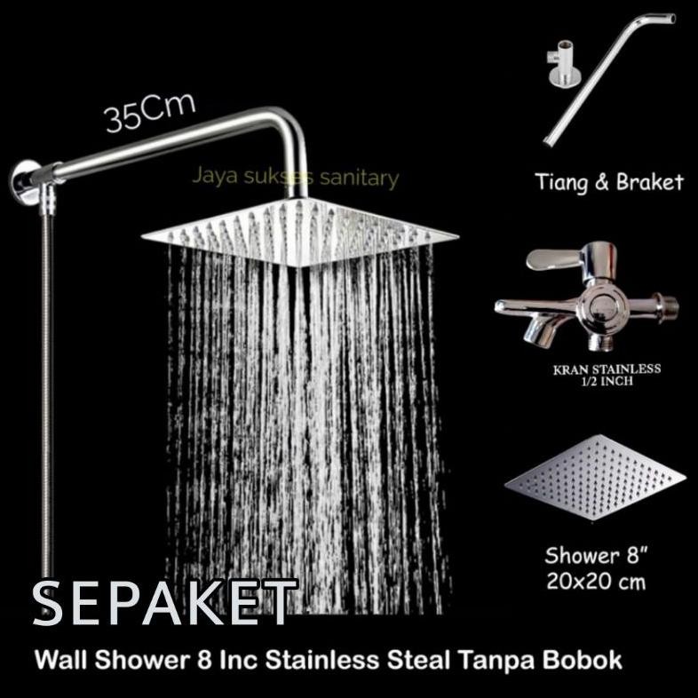 Shower Kamar Mandi Rainfall 8 inch Stainless Satu Set  / Shower mandi Tanpa Bobok Gratis Kran Cabang