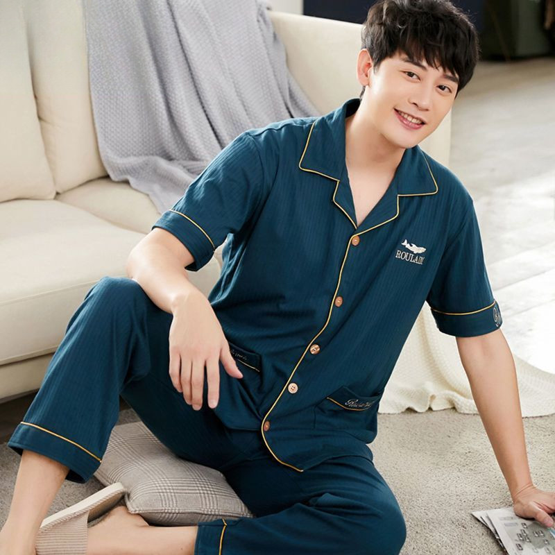 Piyama Katun Pria, Pakaian Rumah Lengan Pendek Musim Panas