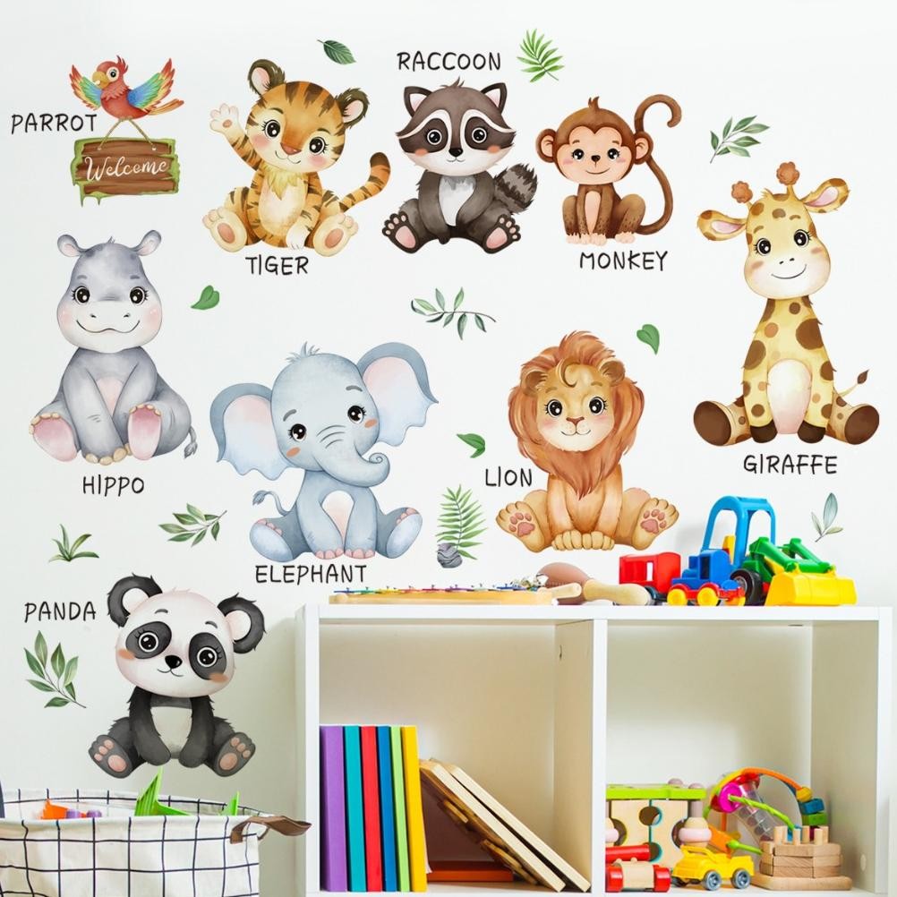 Stiker dinding hewan kartun, stiker dinding singa gajah panda, stiker dinding kamar anak, stiker din