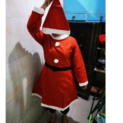 Dress terusan kostum baju santa cewek wanita rok set natal pesta BIN
