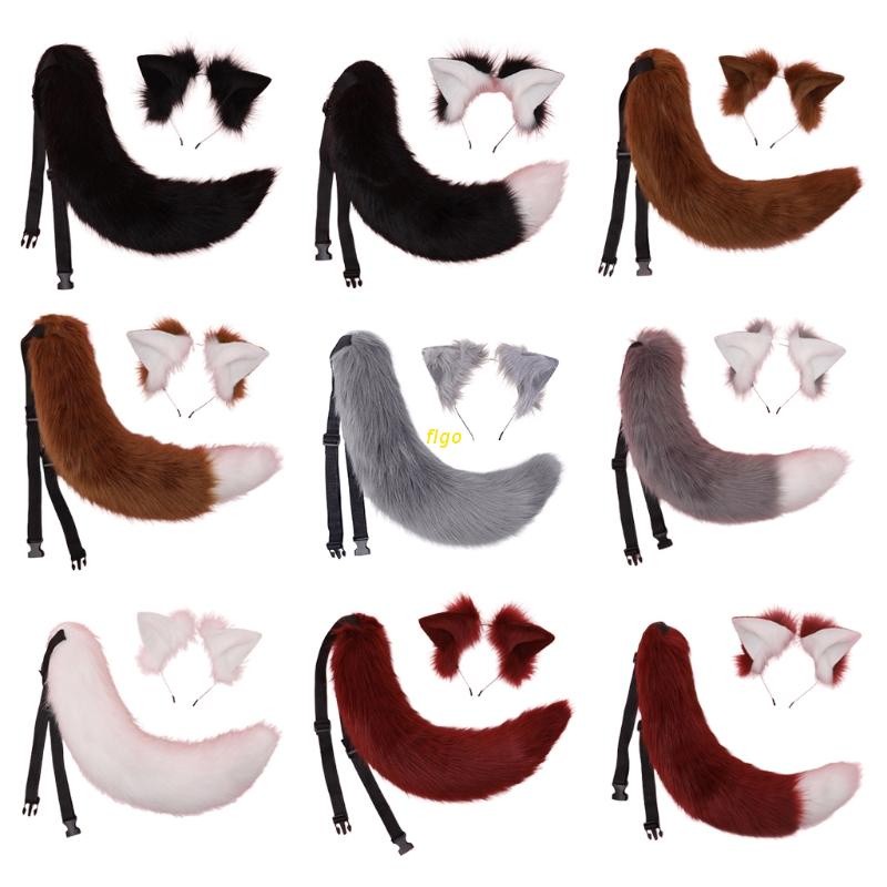 flgo Set Ekor Hiasan Kepala Telinga Serigala Kucing Hewan Wanita Ikat Kepala Anime Mewah untuk Akses