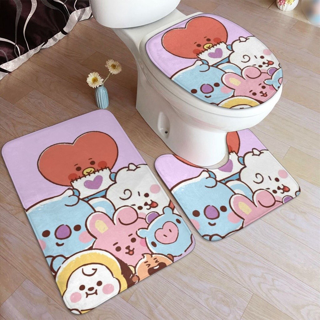 Set Keset Lantai Kamar Mandi BTS BT21, Keset Lantai Anti Selip Dicetak dan Dapat Dicuci, 3 Buah Kese