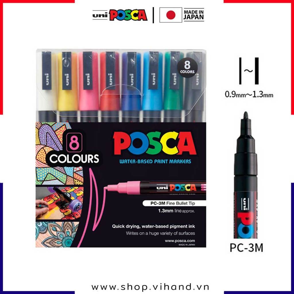 

[VIHAND - Asli] Set isi 8 pena cat untuk menggambar di berbagai bahan Uni Posca PC-3M - Nib 0,9 - 1,3mm |F9BCNK6u|