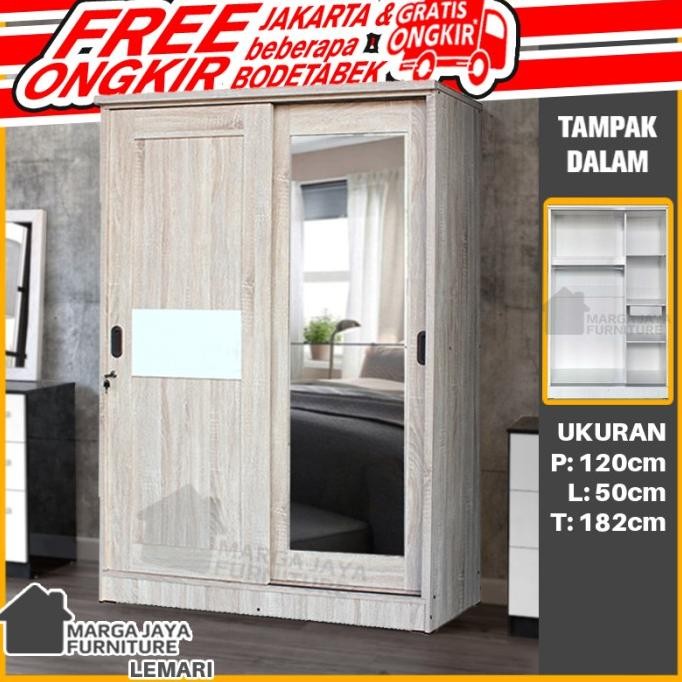 Lemari Pakaian Baju 2 Pintu Sliding putih + kaca cermin minimalis