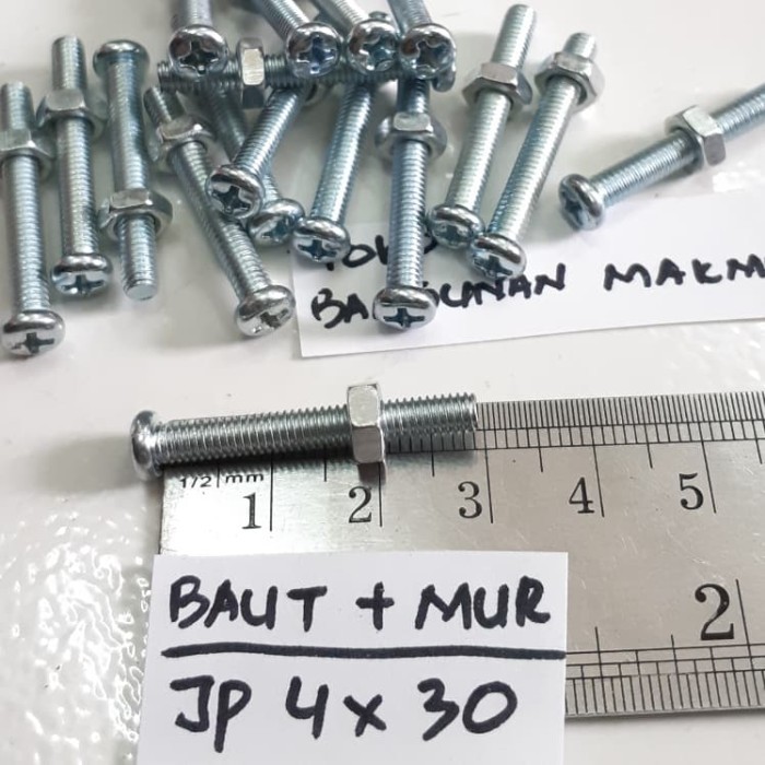 Baut Putih 4x30 + mur Baut Jp4x30 Kepala Obeng M4x30 M4 x 30