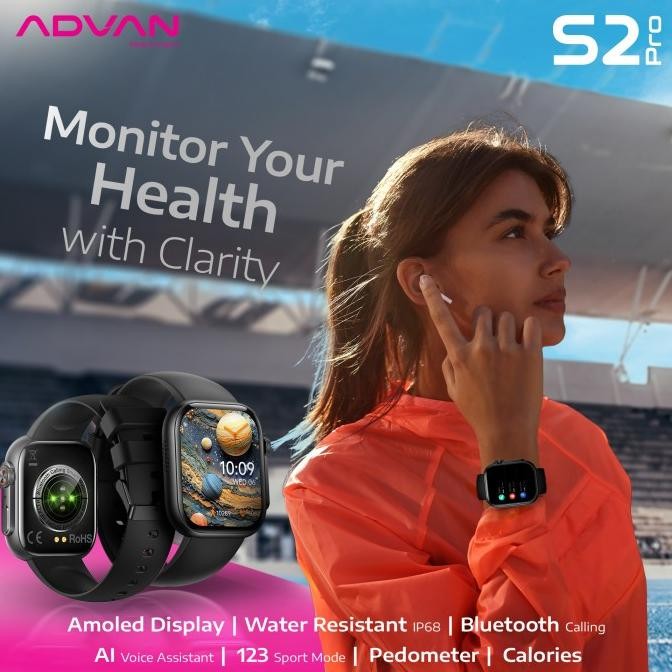 ADVAN Smartwatch S2 PRO Amoled 1.95 inch Slim AI Voice Bluetooth Call Waterproof