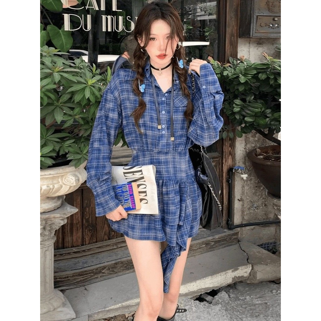 [Cream Winnie]Gaun kemeja pita kotak-kotak biru gaun lengan panjang khusus yang modis untuk wanita