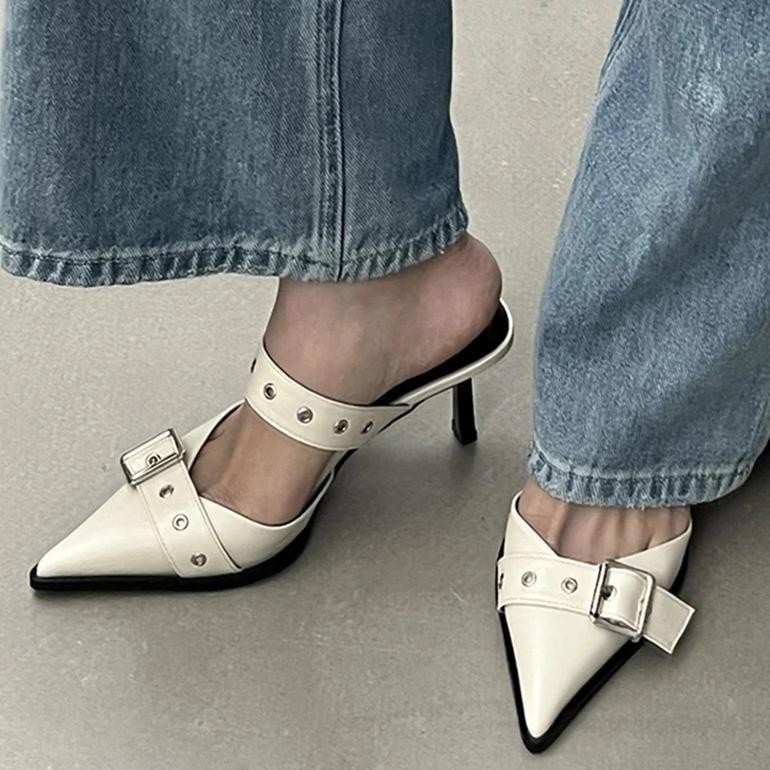 punk goth metal buckle high heels sandals women 2023 summer pointed toe silver party shoes woman kor