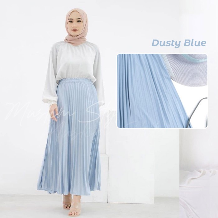 Rok Plisket Pleat Skirt Panjang Polos Wanita Dusty Blue