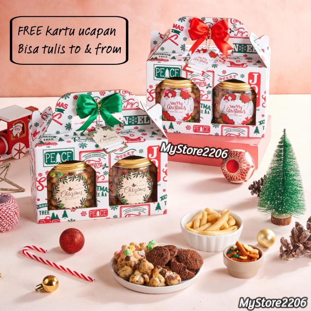 

Hampers Parcel Natal Christmas Cookies Kue Kering Choco Chips, Gem Rose, Soes Chocolate 2 Jar 600ml