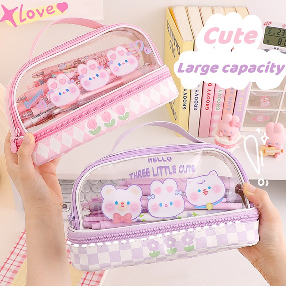 

[Ready Stock] Kawaii Pencil Case Double Layer Large Capacity Pen Bag Cartoon Portable Pencil Box School Student Supplies Stationary Organizer