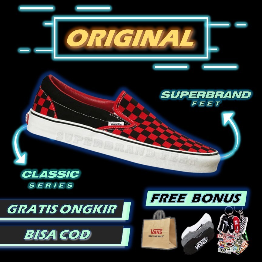 Vans Slip On Formula Hitam Merah Kotak-kotak Sepatu Vans Original 100% Original Pria Wanita Vans Cat
