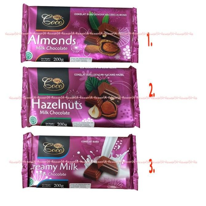 

Coco Milk Chocolate 200gr Coklat Rasa Almonds Hazelnuts Creamy Cokelat