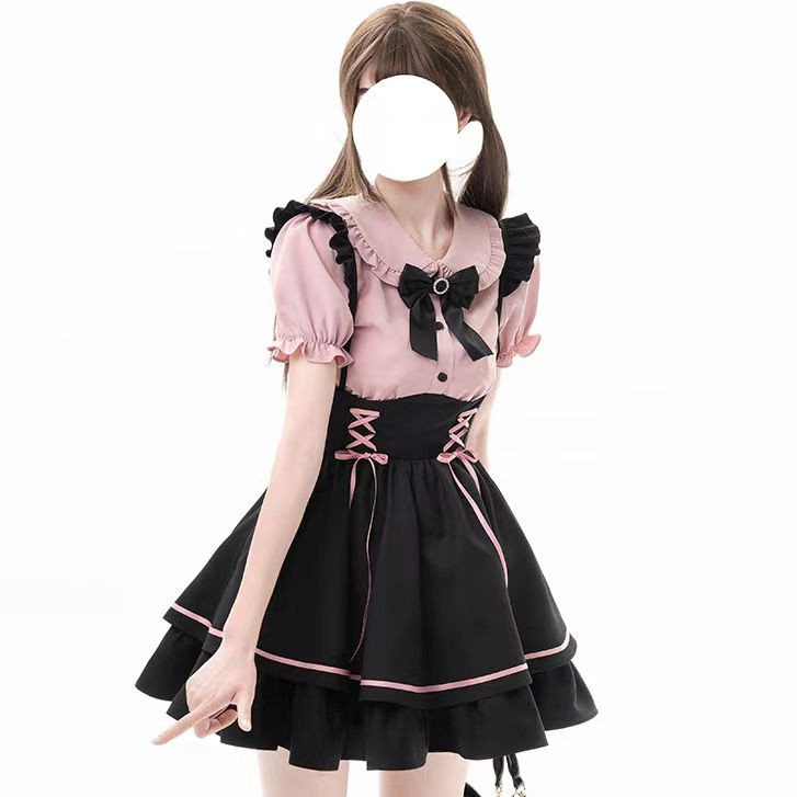 Gaun Lolita Jepang Bahu Lucu Boneka Manis Kerah Berenda Pita Jk Kemeja Rok Pendek Dua Set Gaya Ranja