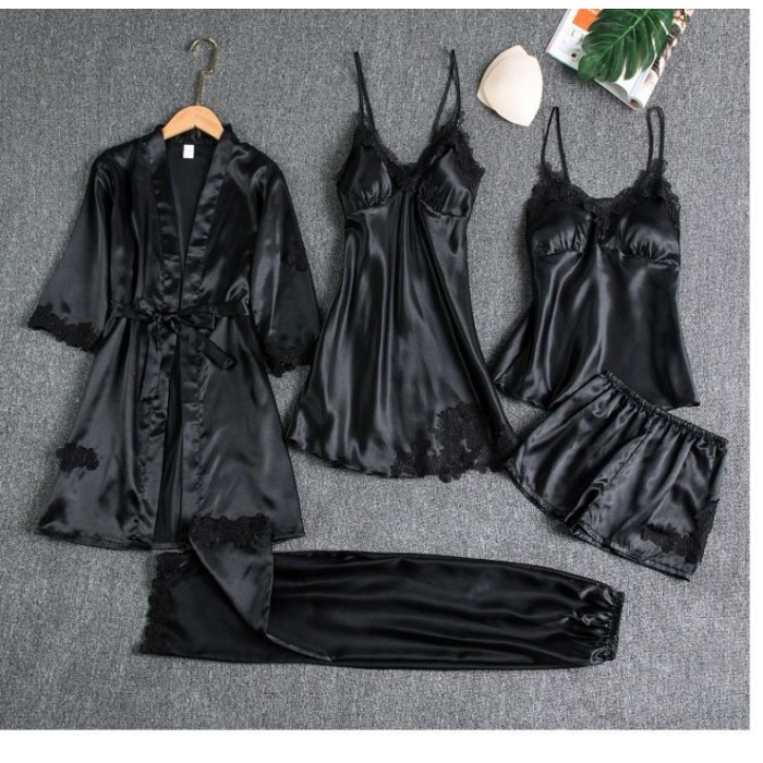 Piyama Set Sexy Kimono 5 In 1/ Baju Tidur Satin Wanita / Baju Tidur Sexy/ Lingerie Set Kimono /