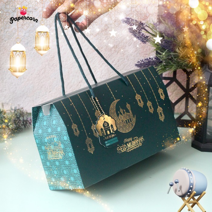 

10 Pcs Gable Box Idul Fitri Muat 3 Toples Jar Hijau Tua Poly Gold