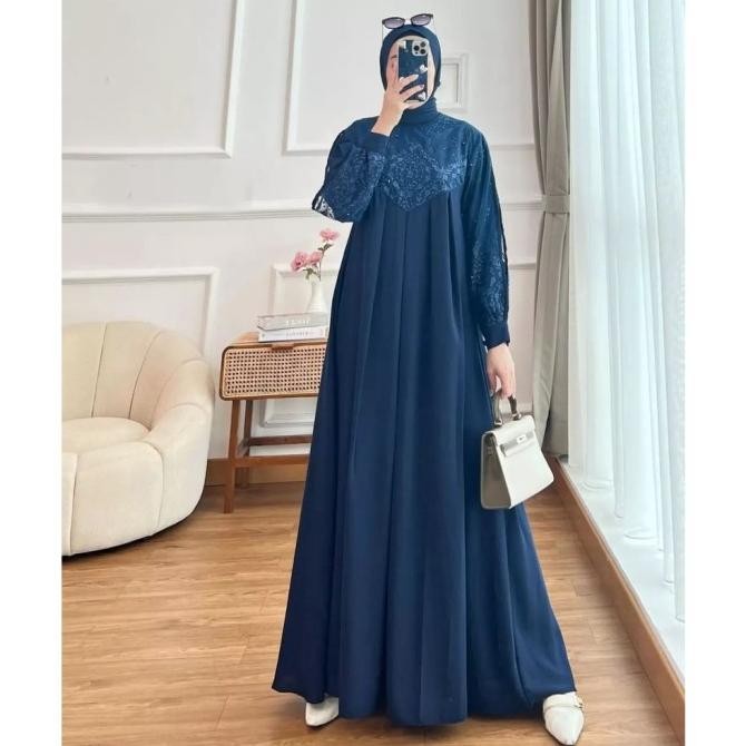 GAMIS BRUKAT BIRU DONGKER DRESS MUSLIM KONDANGAN WISUDA SIMPLE AGHNIA