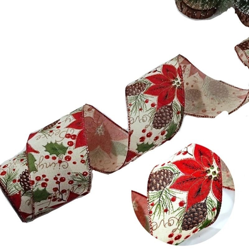 

12.12 GROSIR Pita Natal 6.3 CM Pita Craft Natal Hiasan Kado Pita Linen Premium Motif Merah Dekorasi