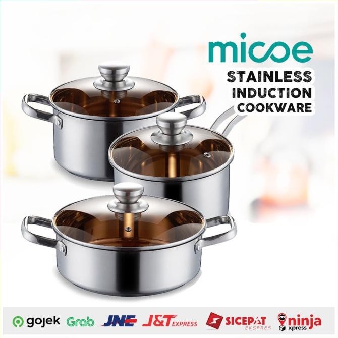 Cookware Pan Set Paket Panci Stainless Glass Lid Kompor Induksi Micoe