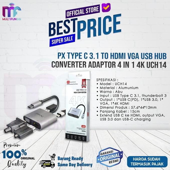 

PX Adaptor Hub Converter UCH14 Type C 3.1 to HDMI VGA USB 4 in 1 4K