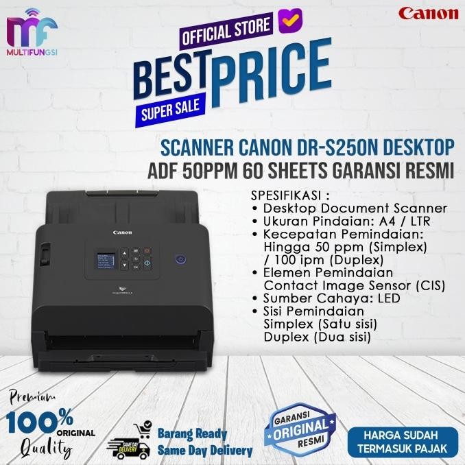 

Scanner Canon DR-S250N / DRS250N Desktop ADF 50ppm 60 Sheets Garansi Resmi