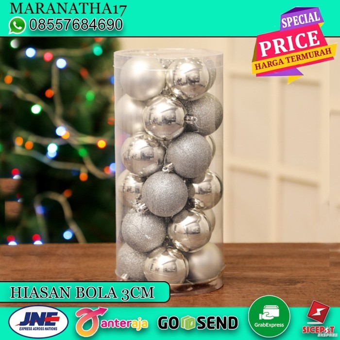 bola bola hiasan pohon natal silver perak putih dekorasi natal 3 & 5cm