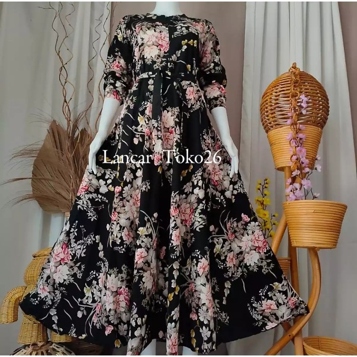 Gamis Monalisa Sakura Baju Wanita Remaja Dewasa Muslim Syar'i Kekinian - Hitam, M