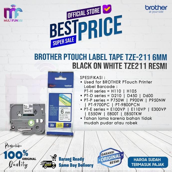 

Brother Ptouch Label Tape TZE-211 6mm Black on White TZE211 Resmi