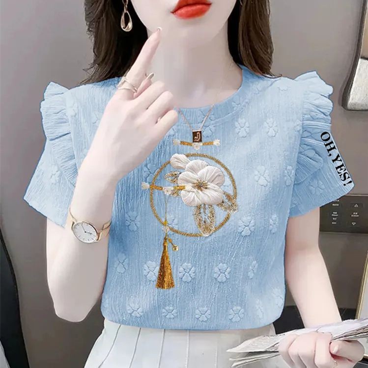 Lengan Pendek Cina Bahu Baru T Kaus Wanita Atasan Motif Sifon Kecil, Baju Atasan Wanita Motif