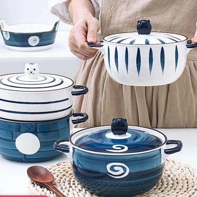 MANGKOK MAKAN KERAMIK GAGANG TUTUP BULAT MANGKUK SUP MIE SAYUR BOWL TEB