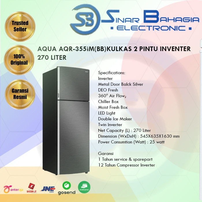 AQUA AQR-355iM(BB )KULKAS 2 PINTU INVENTER 270 LITER (NEW) (KHUSUS BANDUNG)