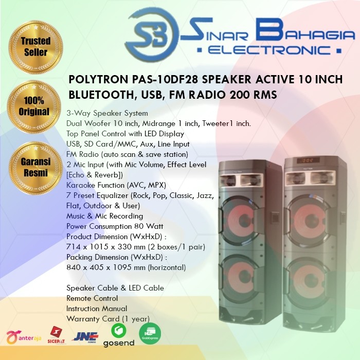 POLYTRON PAS-10DF28 SPEAKER ACTIVE 10 INCH BLUETOOTH, USB, FM RADIO 200 RMS (NEW)  (KHUSUS BANDUNG) 
