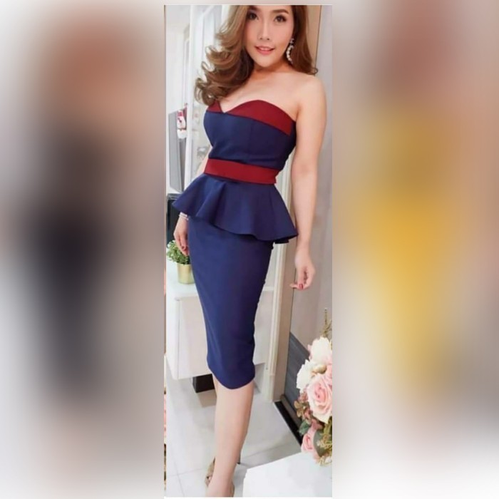 TERMURAH 83 Dress Sexy Baju LC Karaoke Wanita Dewasa Pakaian Malam Model Kemben Warna Navy - Gaun