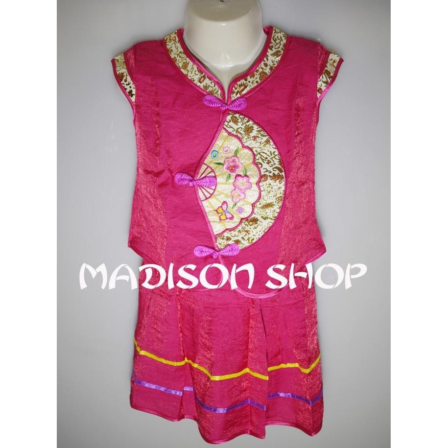 

Sale! Cheongsam Rok Kipas Baju Imlek Anak Qipao Merah Pink Saten Sakura