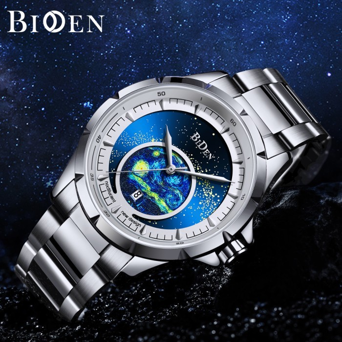 Bisa COD BIDEN Jam Tangan Pria Original Starry Sky Dial Tali Stainless Steel - Abu-abu BV102