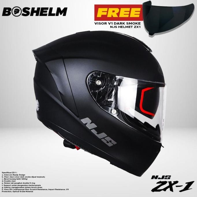 Njs Zx-1 Solid Hitam Doff Helm Full Face Sni