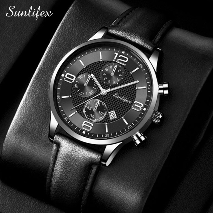 TERLARIS Sunlifex Jam Tangan Pria Original Tali Kulit Kalender Jam Tangan Cowok - blacksilver