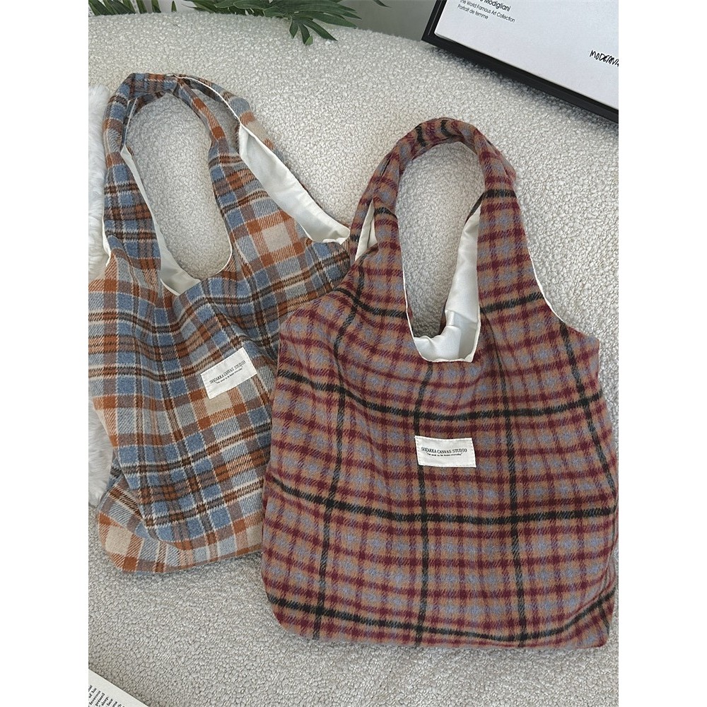 Tas Bahu Wanita, Kain Wol Retro Kotak-kotak Kasual