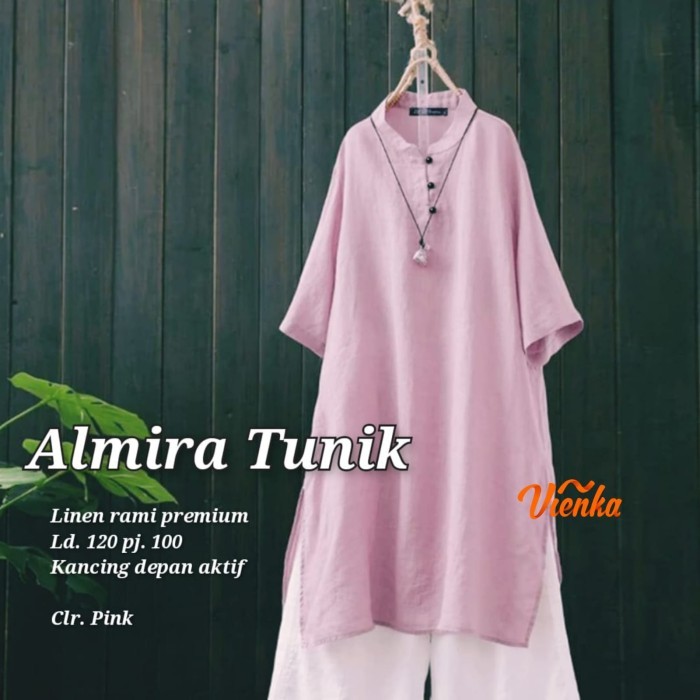 terbaru Long Tunik Wanita Polos|Dress Wanita Tunik Putih Linen LD 120|Almira - Pink GM123