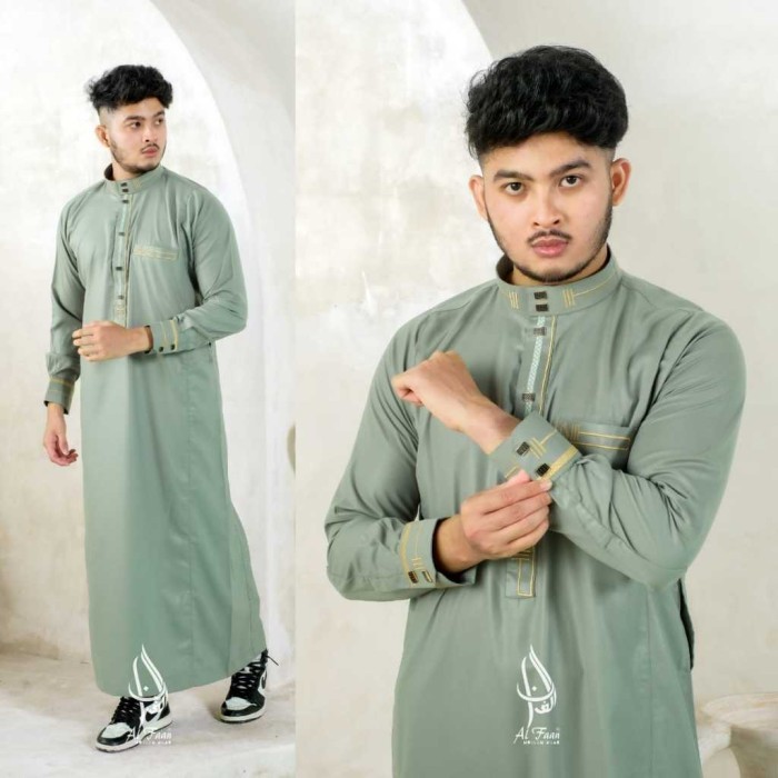 TERLARIS Jubah Pria Gamis Pria Jubah Alfaan Bordir model al haramain/al noor - SAGE, M