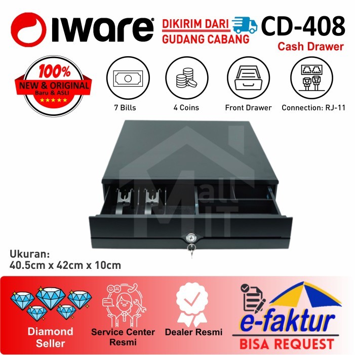 

BEBAS ONGKIR - JKT Cash Drawer IWARE Laci Uang Kasir CD-408 CD408 CD 408 RJ11 Quality