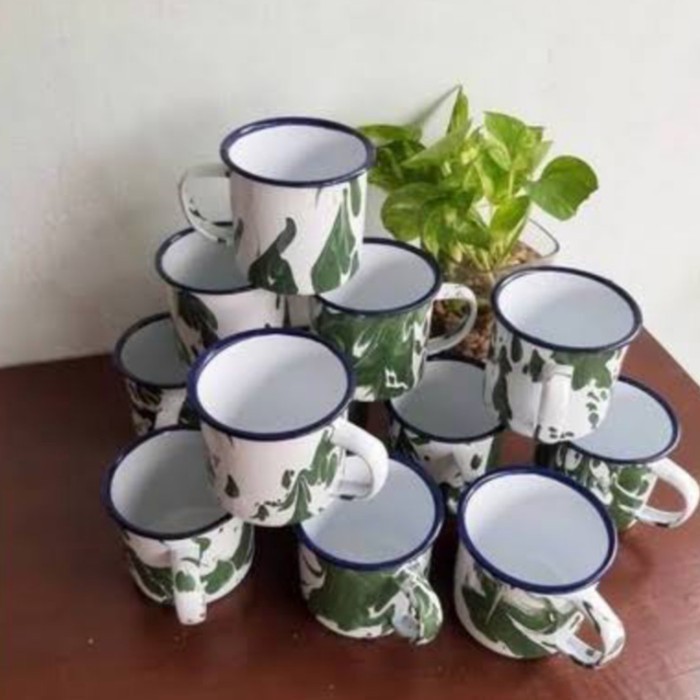 12 PCS ( SELUSIN ) MUG ENAMEL BLIRIK 7CM / MUG JADUL BURIK 7CM MURAH