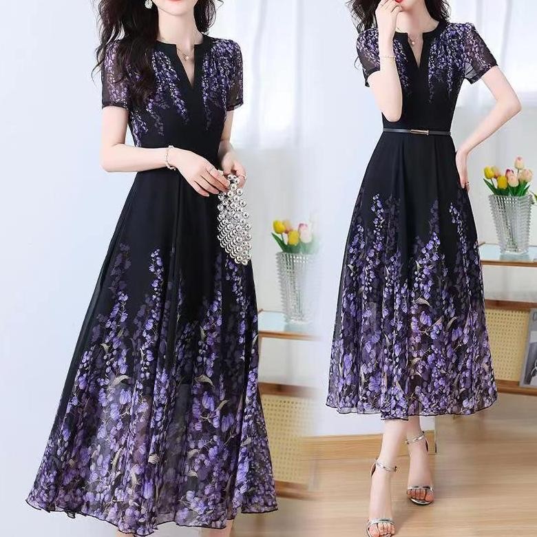 jku 8044 - dress ikat pinggang dress batik kondangan premium dres sifon motif bunga dress flora hita