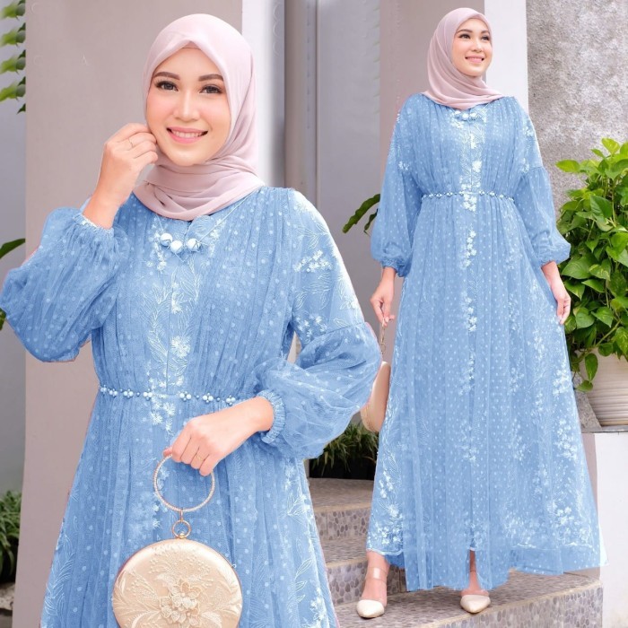 Promo gamis anak perempuan muslim gamis pesta brokat mewah baju dress kid - Biru, S